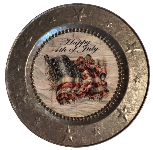 Galvanized Metal Round Charger Plate With Hanging Hook Embossed Stars Decoupaged Holiday Wall Art Shelf Sitter HAPPY 4TH OF JULY FLAG Handmade Gift Idea - JAMsCraftCloset