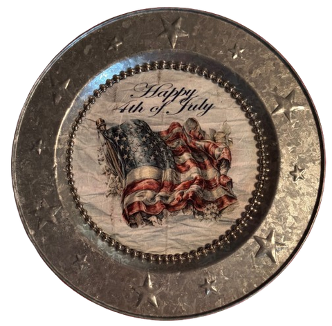 Galvanized Metal Round Charger Plate With Hanging Hook Embossed Stars Decoupaged Holiday Wall Art Shelf Sitter HAPPY 4TH OF JULY FLAG Handmade Gift Idea - JAMsCraftCloset