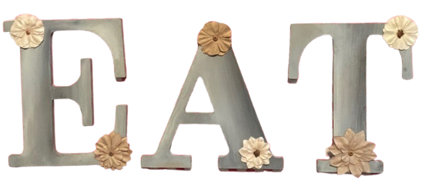 Hand Painted Fiberboard Letters Dusty Blue With Tan and Cream Floral Accents EAT Decorative Wall Art Kitchen Dining Room Decor Set of 3 Gift Idea - JAMsCraftCloset