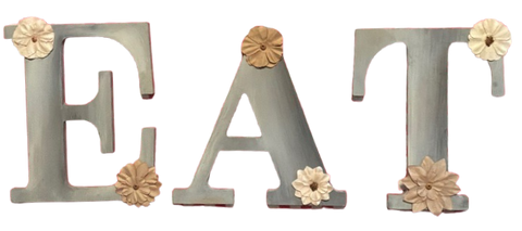 Hand Painted Fiberboard Letters Dusty Blue With Tan and Cream Floral Accents EAT Decorative Wall Art Kitchen Dining Room Decor Set of 3 Gift Idea - JAMsCraftCloset