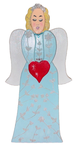 BLUE ANGEL Vintage Wood Handmade Hand Painted Decoupaged Lace Dress Glittered Wings Wall Art or Shelf Sitter Holiday Home Decor Cottage Chic Decor-Gift Idea-Primitive Decor - JAMsCraftCloset