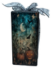 GLASS RECTANGLE BLOCK Halloween Decor Shelf Sitter Hand Painted Decoupaged PUMPKINS MOON BATS WITCH SAYING - REVERSIBLE Black Gold Dot Bow Gift Idea - JAMsCraftCloset