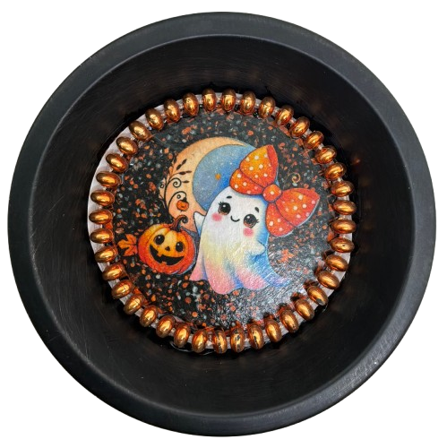 Mini Pie Pan Wall Art Handmade Hand Painted Decoupaged Wall Art Black CUTE GHOST HALLOWEEN Decor Gift Idea - JAMsCraftCloset