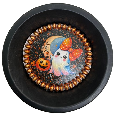 Mini Pie Pan Wall Art Handmade Hand Painted Decoupaged Wall Art Black CUTE GHOST HALLOWEEN Decor Gift Idea - JAMsCraftCloset