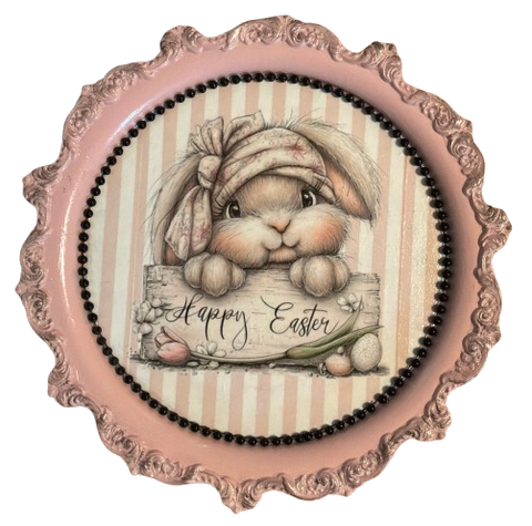 Heavy Metal Round TRAY Farmhouse Country EASTER BUNNY HAPPY EASTER Shelf Sitter Cottage Chic Victorian Home Decor Handmade Gift Idea &nbsp;- JAMsCraftCloset