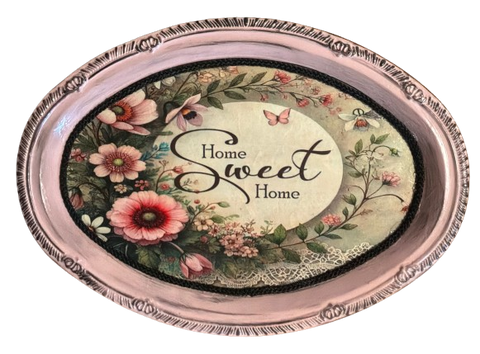 SMALL METAL PINK OVAL TRAY Farmhouse Country Home Decor HOME SWEET HOME Wall Art Shelf Sitter Cottage Chic Bar Decor Victorian Decor Handmade Gift Idea - JAMsCraftCloset