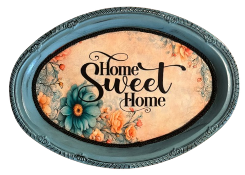 SMALL METAL AQUA OVAL TRAY Farmhouse Country Home Decor HOME SWEET HOME Wall Art Shelf Sitter Cottage Chic Bar Decor Victorian Decor Handmade Gift Idea - JAMsCraftCloset