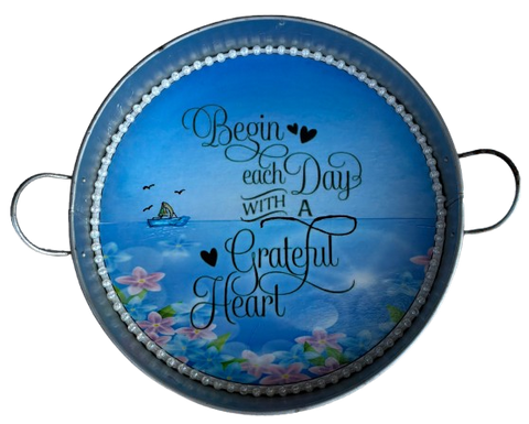 Galvanized Metal Round TRAY Farmhouse Country Shelf Sitter Wall Art BEGIN EACH DAY WITH A GRATEFUL HEART Handmade Decoupaged Gift Idea {{ JAMsCraftCloset }}