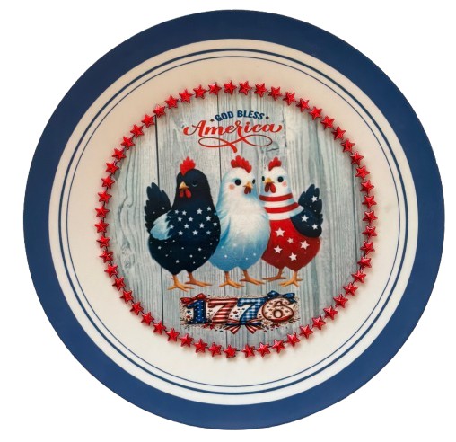 PLATE CHARGER BLUE WHITE PLASTIC ROUND DECOUPAGED Upcycled Repurposed Wall Art or Shelf Sitter GOD BLESS AMERICA CHICKS 4TH OF JULY Decor Kitchen Decor Home Decor Wall Art Gift WEDDING - JAMsCraftCloset