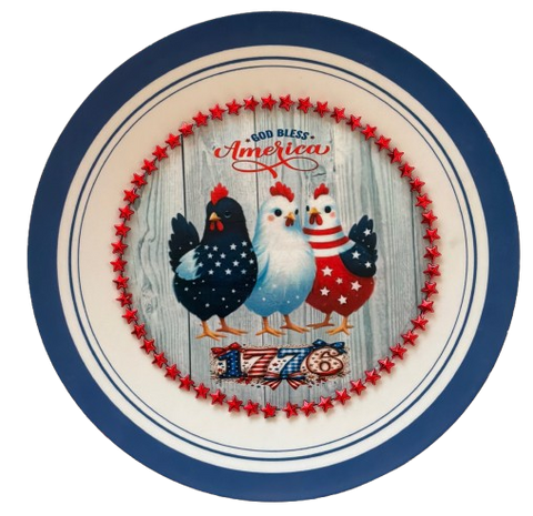 PLATE CHARGER BLUE WHITE PLASTIC ROUND DECOUPAGED Upcycled Repurposed Wall Art or Shelf Sitter GOD BLESS AMERICA CHICKS 4TH OF JULY Decor Kitchen Decor Home Decor Wall Art Gift WEDDING - JAMsCraftCloset