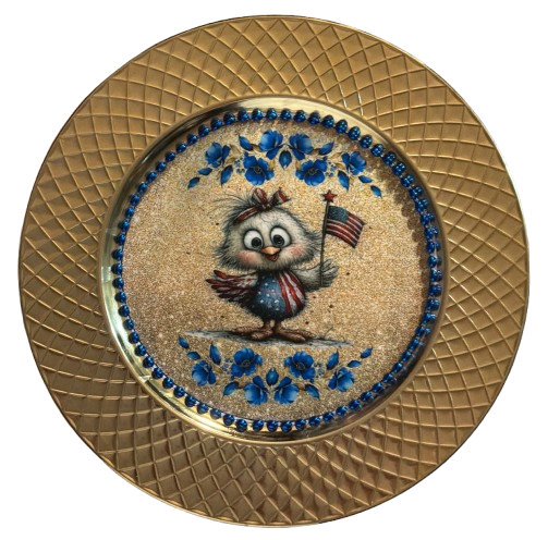 PLATE CHARGER GOLD PLASTIC ROUND DECOUPAGED Upcycled Repurposed Wall Art or Shelf Sitter PATRIOTIC CHICK WITH FLAG 4TH OF JULY Decor Kitchen Decor Home Decor Wall Art Gift WEDDING