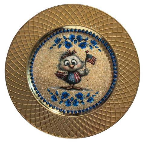 PLATE CHARGER GOLD PLASTIC ROUND DECOUPAGED Upcycled Repurposed Wall Art or Shelf Sitter PATRIOTIC CHICK WITH FLAG 4TH OF JULY Decor Kitchen Decor Home Decor Wall Art Gift WEDDING