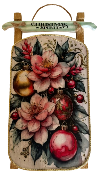 Sleigh Christmas FLORAL AND BULBS - CHRISTMAS SPIRIT Hand Painted Decoupaged Wooden Wall Art Home Holiday Decor - JAMsCraftCloset