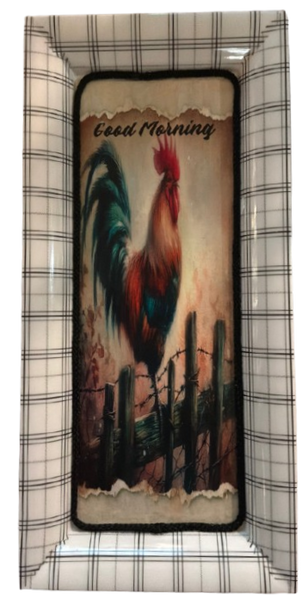 TRAY BLACK and WHITE PLAID Plastic Rectangle Decoupaged Upcycled Repurposed COUNTRY Theme WELCOME ROOSTER Wall Art Shelf Sitter KITCHEN Decor Gift - JAMsCraftCloset