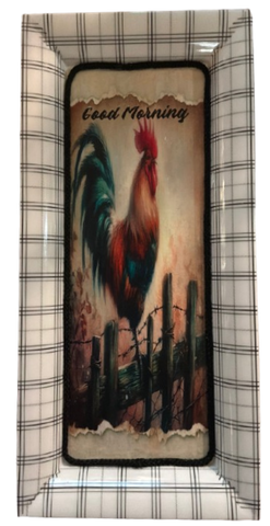 TRAY BLACK and WHITE PLAID Plastic Rectangle Decoupaged Upcycled Repurposed COUNTRY Theme WELCOME ROOSTER Wall Art Shelf Sitter KITCHEN Decor Gift - JAMsCraftCloset