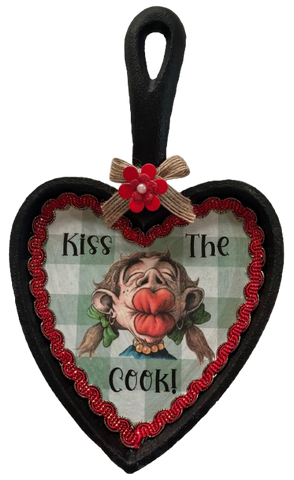CAST IRON HEART SHAPED Frying Pan Skillet MINI Black KISS THE COOK Farmhouse Country KITCHEN Wall Art Decoupaged Repurposed Upcycled Gift Idea Crafters Delight - JAMsCraftCloset