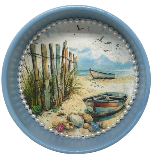 Metal Cake Pan Round Aqua BOAT FENCE SHELLS BEACH COASTAL DECOR Wall Art Handmade Hand Painted DECOUPAGED Repurposed Upcycled Wedding Gift - JAMsCraftCloset