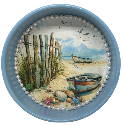 Metal Cake Pan Round Aqua BOAT FENCE SHELLS BEACH COASTAL DECOR Wall Art Handmade Hand Painted DECOUPAGED Repurposed Upcycled Wedding Gift - JAMsCraftCloset
