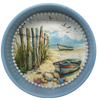 Metal Cake Pan Round Aqua BOAT FENCE SHELLS BEACH COASTAL DECOR Wall Art Handmade Hand Painted DECOUPAGED Repurposed Upcycled Wedding Gift - JAMsCraftCloset