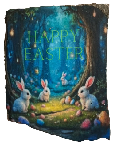 Antique West Virginia Roof Slate Decoupaged EASTER SLATE WALL ART Happy Easter Bunnies - Forest - Handmade Unique EASTER Holiday Decoration Home Decor Gift