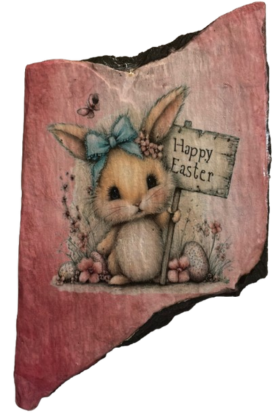 Antique West Virginia Roof Slate Decoupaged EASTER SLATE WALL ART &nbsp;Happy Easter Bunny With Blue Bow - Handmade Unique EASTER Holiday Decoration Home Decor Gift - JAMsCraftCloset