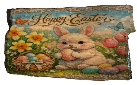 Antique West Virginia Roof Slate Decoupaged EASTER SLATE WALL ART &nbsp;Happy Easter Bunny Eggs in Basket Tulips Daffodils - Handmade Unique EASTER Holiday Decoration Home Decor Gift - JAMsCraftCloset