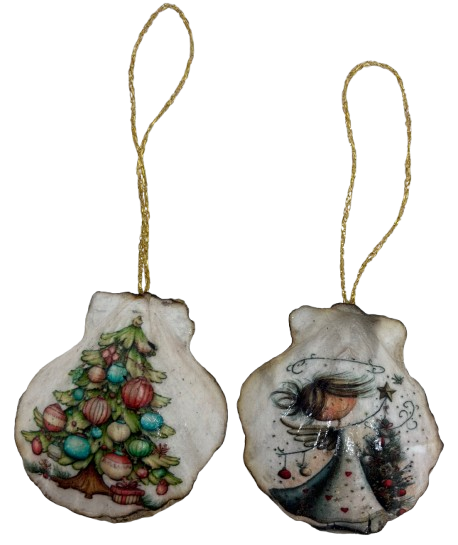 SCALLOP SEASHELL CHRISTMAS ORNAMENT- Set 1 BEACH COASTAL DECOR - Handmade Hand Painted DECOUPAGED Repurposed Upcycled Gift SET OF 2 Ornaments - JAMsCraftCloset