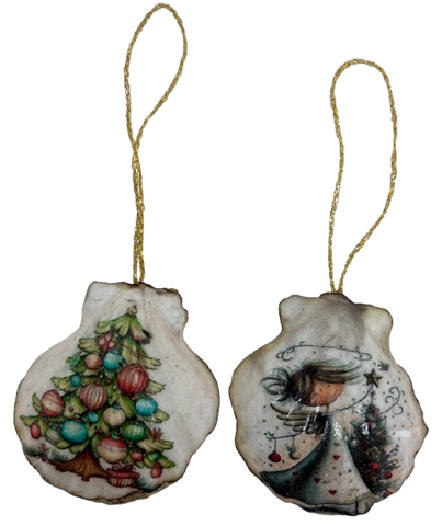 SCALLOP SEASHELL CHRISTMAS ORNAMENT- Set 1 BEACH COASTAL DECOR - Handmade Hand Painted DECOUPAGED Repurposed Upcycled Gift SET OF 2 Ornaments - JAMsCraftCloset