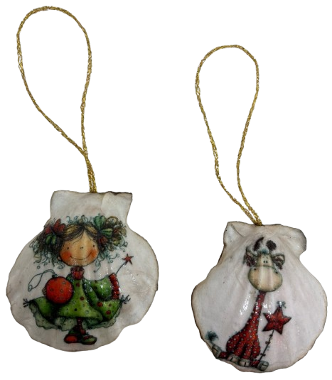 SCALLOP SEASHELL CHRISTMAS ORNAMENT- Set 2 BEACH COASTAL DECOR - Handmade Hand Painted DECOUPAGED Repurposed Upcycled Gift SET OF 2 Ornaments - JAMsCraftCloset