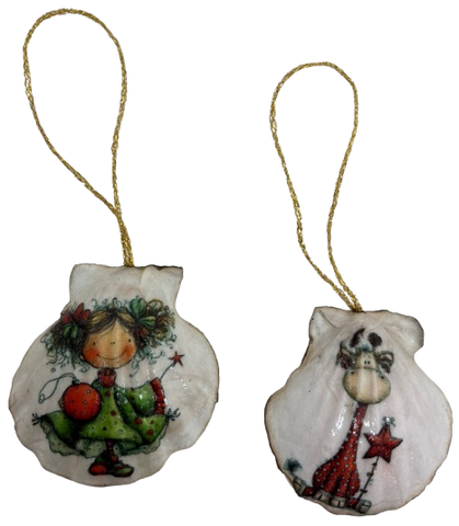 SCALLOP SEASHELL CHRISTMAS ORNAMENT- Set 2 BEACH COASTAL DECOR - Handmade Hand Painted DECOUPAGED Repurposed Upcycled Gift SET OF 2 Ornaments - JAMsCraftCloset