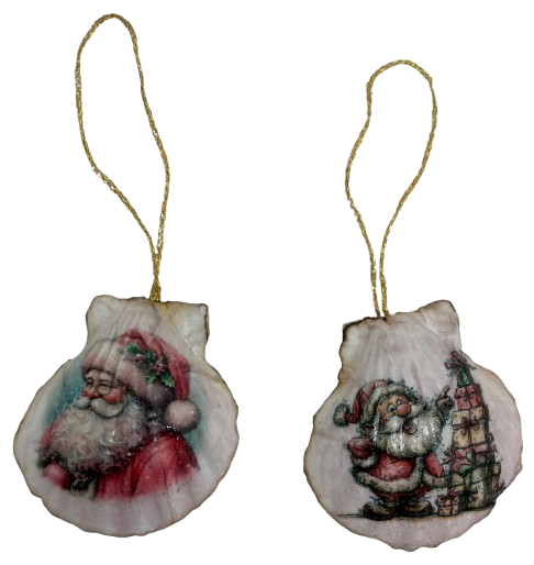 SCALLOP SEASHELL CHRISTMAS ORNAMENT- Set 3 BEACH COASTAL DECOR - Handmade Hand Painted DECOUPAGED Repurposed Upcycled Gift SET OF 2 Ornaments - JAMsCraftCloset