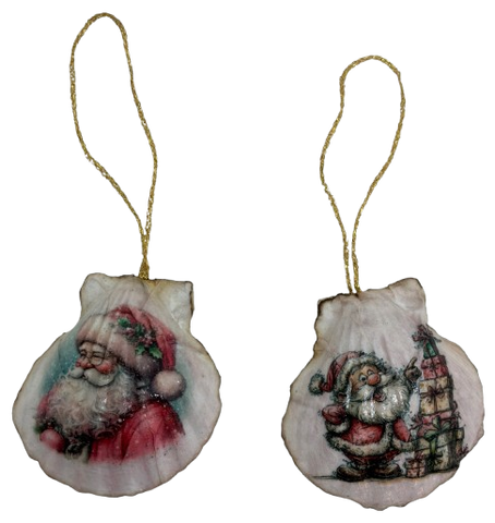SCALLOP SEASHELL CHRISTMAS ORNAMENT- Set 3 BEACH COASTAL DECOR - Handmade Hand Painted DECOUPAGED Repurposed Upcycled Gift SET OF 2 Ornaments - JAMsCraftCloset
