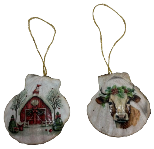 SCALLOP SEASHELL CHRISTMAS ORNAMENT- Set 5 BEACH COASTAL DECOR - Handmade Hand Painted DECOUPAGED Repurposed Upcycled Gift SET OF 2 Ornaments - JAMsCraftCloset