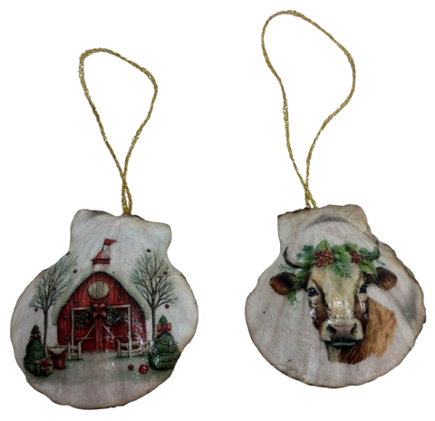 SCALLOP SEASHELL CHRISTMAS ORNAMENT- Set 5 BEACH COASTAL DECOR - Handmade Hand Painted DECOUPAGED Repurposed Upcycled Gift SET OF 2 Ornaments - JAMsCraftCloset