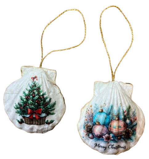 SCALLOP SEASHELL CHRISTMAS ORNAMENT- Set 10 BEACH COASTAL DECOR - Handmade Hand Painted DECOUPAGED Repurposed Upcycled Gift SET OF 2 Ornaments - JAMsCraftCloset