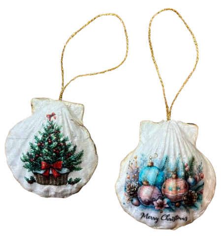 SCALLOP SEASHELL CHRISTMAS ORNAMENT- Set 10 BEACH COASTAL DECOR - Handmade Hand Painted DECOUPAGED Repurposed Upcycled Gift SET OF 2 Ornaments - JAMsCraftCloset