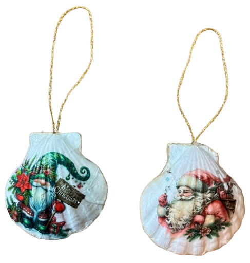 SCALLOP SEASHELL CHRISTMAS ORNAMENT- SANTA SET 1 - BEACH COASTAL DECOR - Handmade Hand Painted DECOUPAGED Repurposed Upcycled Gift SET OF 2 Ornaments {{ JAMsCraftCloset }}