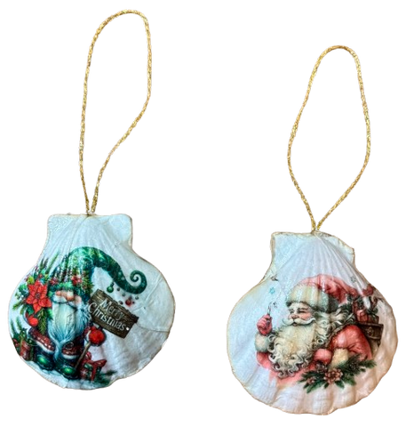 SCALLOP SEASHELL CHRISTMAS ORNAMENT- SANTA SET 1 - BEACH COASTAL DECOR - Handmade Hand Painted DECOUPAGED Repurposed Upcycled Gift SET OF 2 Ornaments {{ JAMsCraftCloset }}