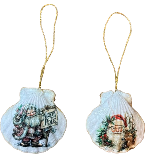 SCALLOP SEASHELL CHRISTMAS ORNAMENT- SANTA SET 2 - BEACH COASTAL DECOR - Handmade Hand Painted DECOUPAGED Repurposed Upcycled Gift SET OF 2 Ornaments {{ JAMsCraftCloset }}