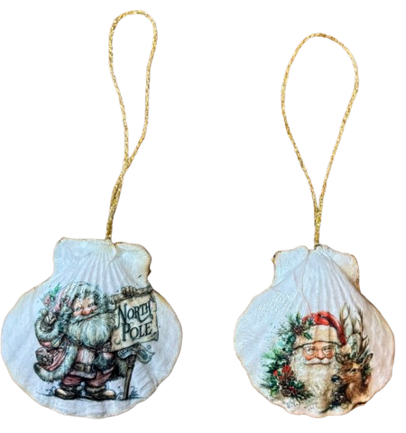 SCALLOP SEASHELL CHRISTMAS ORNAMENT- SANTA SET 2 - BEACH COASTAL DECOR - Handmade Hand Painted DECOUPAGED Repurposed Upcycled Gift SET OF 2 Ornaments {{ JAMsCraftCloset }}