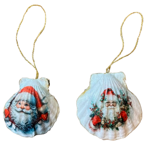 SCALLOP SEASHELL CHRISTMAS ORNAMENT- SANTA SET 3 - BEACH COASTAL DECOR - Handmade Hand Painted DECOUPAGED Repurposed Upcycled Gift SET OF 2 Ornaments {{ JAMsCraftCloset }}