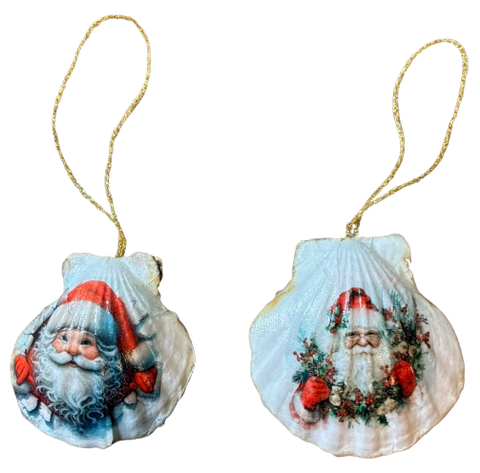 SCALLOP SEASHELL CHRISTMAS ORNAMENT- SANTA SET 3 - BEACH COASTAL DECOR - Handmade Hand Painted DECOUPAGED Repurposed Upcycled Gift SET OF 2 Ornaments {{ JAMsCraftCloset }}