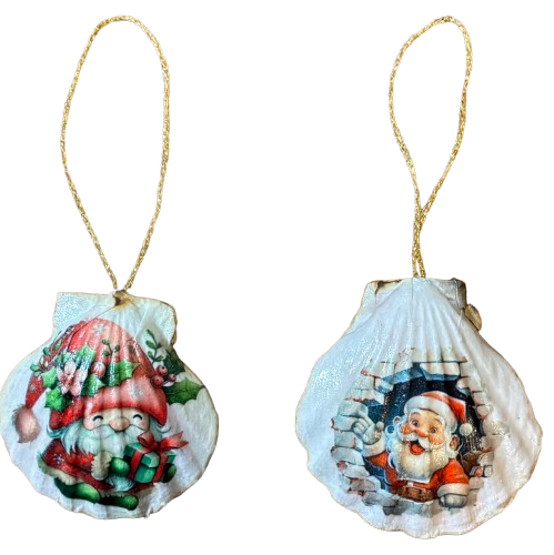 SCALLOP SEASHELL CHRISTMAS ORNAMENT- SANTA SET 4 - BEACH COASTAL DECOR - Handmade Hand Painted DECOUPAGED Repurposed Upcycled Gift SET OF 2 Ornaments {{ JAMsCraftCloset }}