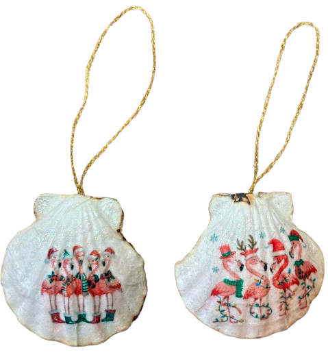 SCALLOP SEASHELL CHRISTMAS ORNAMENT- Shell FLAMINGO Christmas Ornaments SET 1 - BEACH COASTAL DECOR - Handmade Hand Painted DECOUPAGED Repurposed Upcycled Gift SET OF 2 Ornaments - JAMsCraftCloset