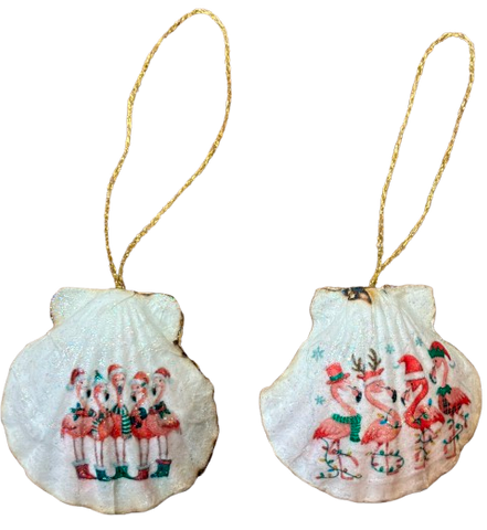 SCALLOP SEASHELL CHRISTMAS ORNAMENT- Shell FLAMINGO Christmas Ornaments SET 1 - BEACH COASTAL DECOR - Handmade Hand Painted DECOUPAGED Repurposed Upcycled Gift SET OF 2 Ornaments {{ JAMsCraftCloset }}