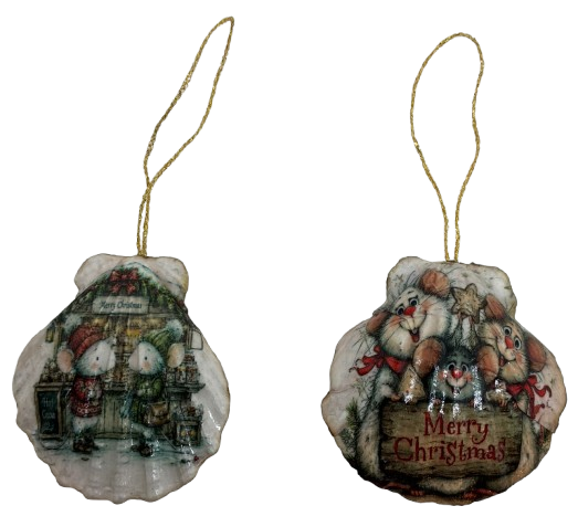 SCALLOP SEASHELL CHRISTMAS ORNAMENT- MICE Christmas Ornaments SET 6 - HOLIDAY DECOR - Handmade Hand Painted DECOUPAGED Repurposed Upcycled Gift SET OF 2 Ornaments - JAMsCraftCloset
