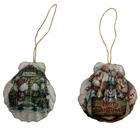 SCALLOP SEASHELL CHRISTMAS ORNAMENT- MICE Christmas Ornaments SET 6 - HOLIDAY DECOR - Handmade Hand Painted DECOUPAGED Repurposed Upcycled Gift SET OF 2 Ornaments - JAMsCraftCloset