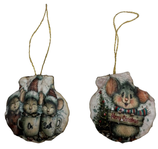 SCALLOP SEASHELL CHRISTMAS ORNAMENT- MICE Christmas Ornaments SET 5 - HOLIDAY DECOR - Handmade Hand Painted DECOUPAGED Repurposed Upcycled Gift SET OF 2 Ornaments - JAMsCraftCloset