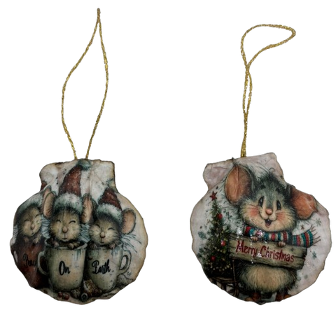 SCALLOP SEASHELL CHRISTMAS ORNAMENT- MICE Christmas Ornaments SET 5 - HOLIDAY DECOR - Handmade Hand Painted DECOUPAGED Repurposed Upcycled Gift SET OF 2 Ornaments - JAMsCraftCloset