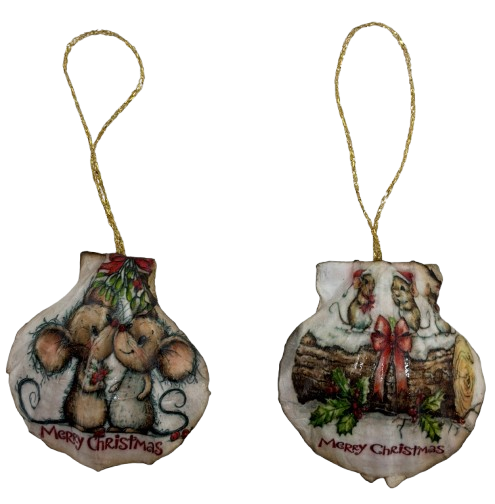 SCALLOP SEASHELL CHRISTMAS ORNAMENT- MICE Christmas Ornaments SET 4 - HOLIDAY DECOR - Handmade Hand Painted DECOUPAGED Repurposed Upcycled Gift SET OF 2 Ornaments - JAMsCraftCloset